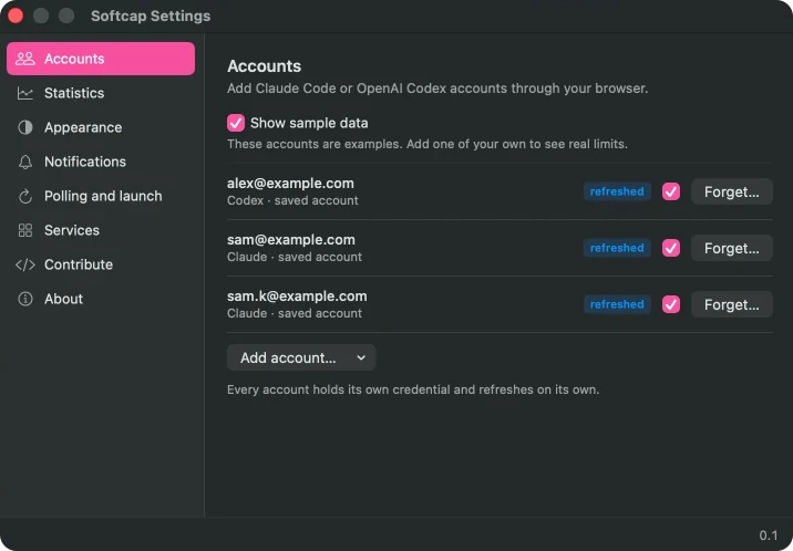 Accounts settings: three accounts in one list, each with its source and a button to forget it.