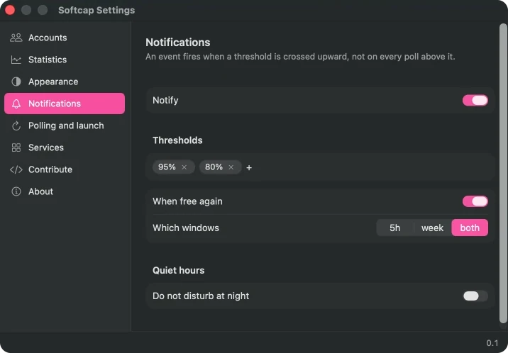 Notifications settings: thresholds at 95 and 80 per cent, recovery alerts, and quiet hours.